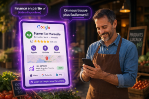 Producteur local consultant sa visibilité Google à Marseille sur tablette avec fiche établissement optimisée et aides à la digitalisation