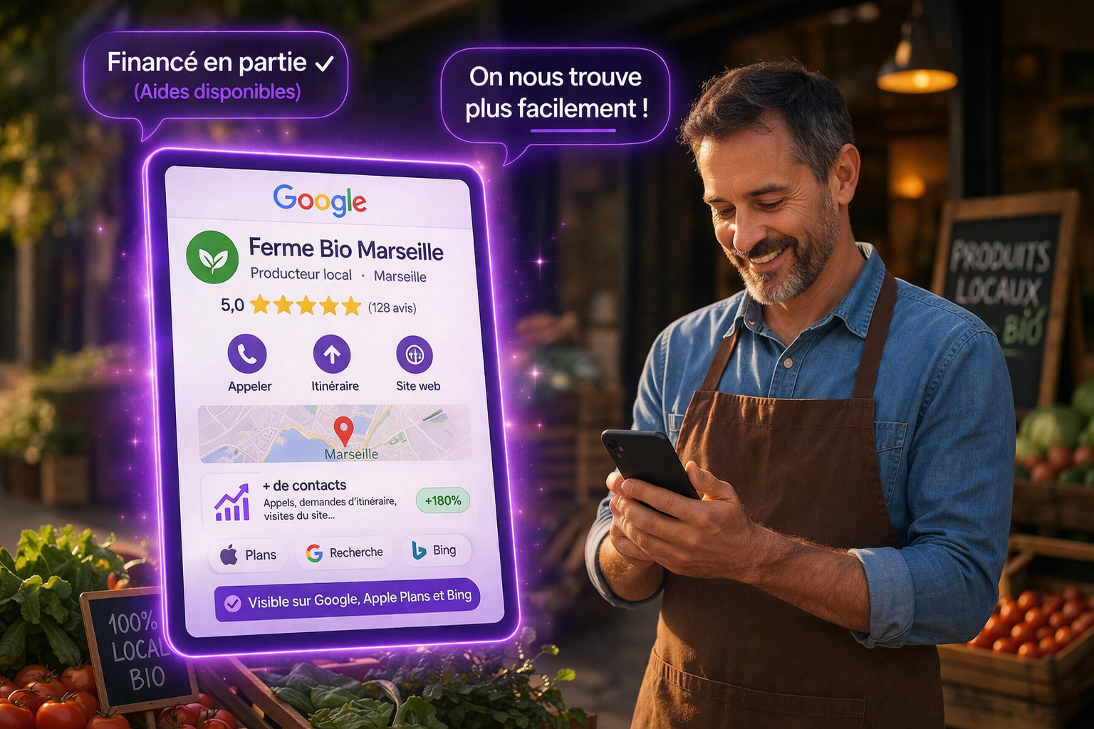 Producteur local consultant sa visibilité Google à Marseille sur tablette avec fiche établissement optimisée et aides à la digitalisation