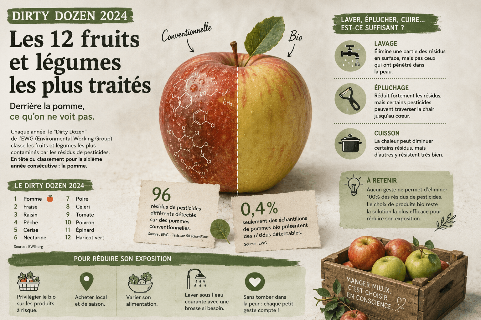Dirty Dozen 2026 — les fruits et légumes les plus contaminés aux pesticides, dont la pomme en tête de liste
