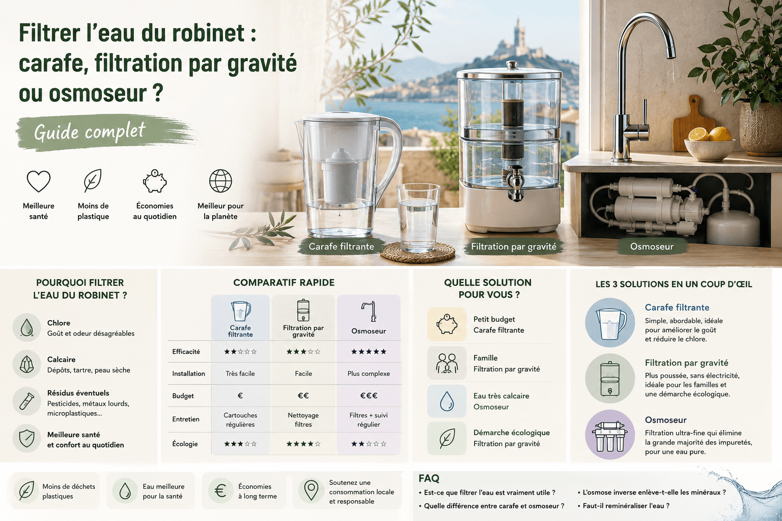 Osmoseur domestique, carafe filtrante et eau du robinet — comparatif filtration eau Marseille