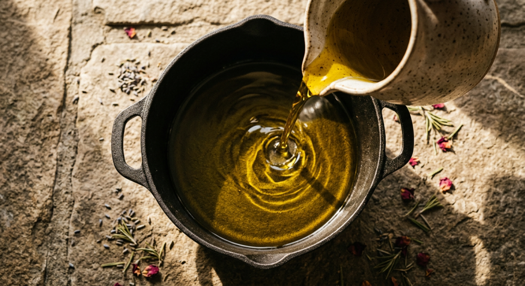 Huile d'olive versée dans un chaudron en fonte sur pierre — saponification artisanale savon de Marseille