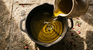 Huile d'olive versée dans un chaudron en fonte sur pierre — saponification artisanale savon de Marseille