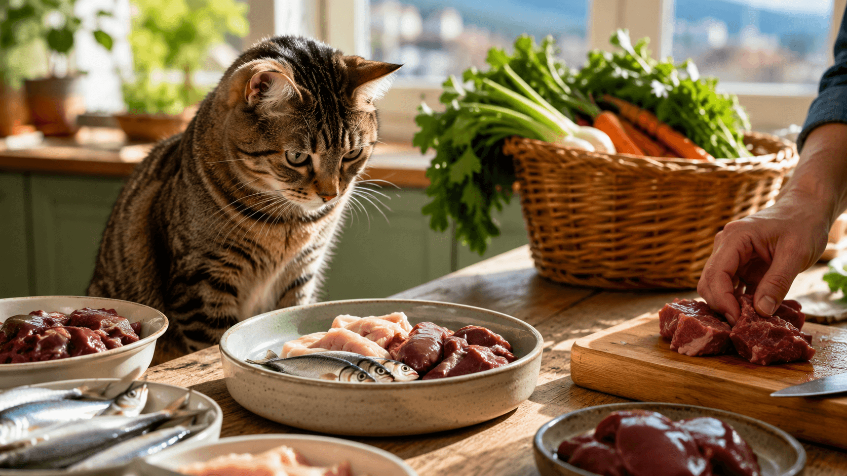 Chat devant sa gamelle de viandes BARF