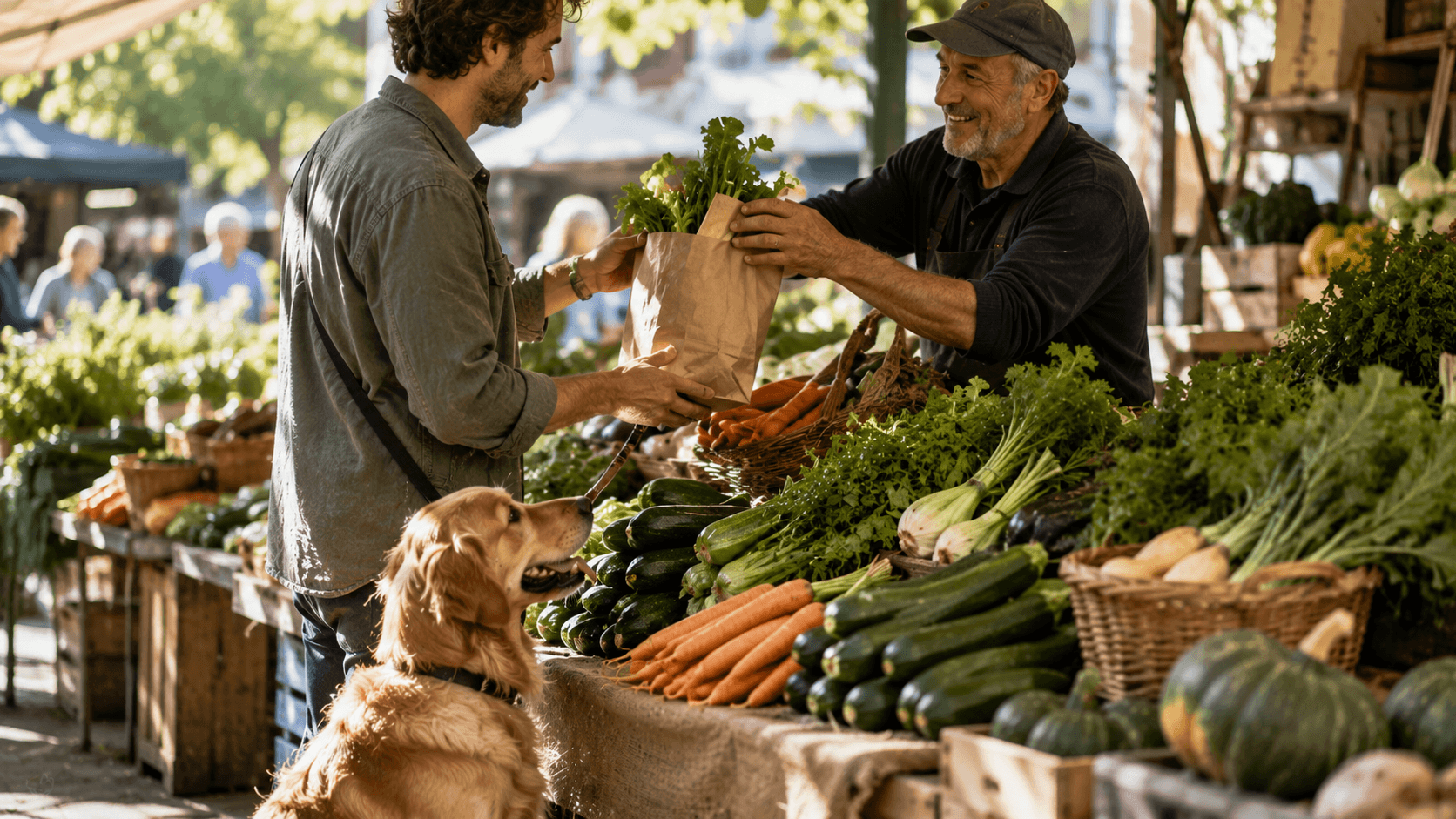 Homme faisant le marché de produits bio avec son chien