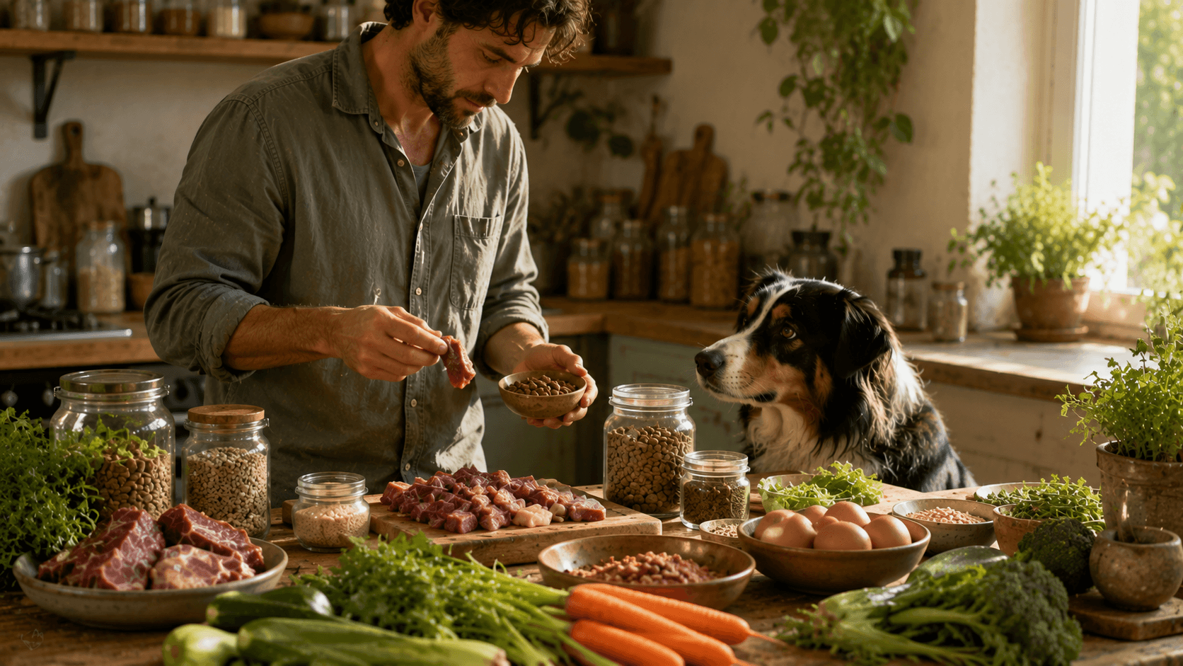 Homme préparant à manger à son chien avec des produits bio