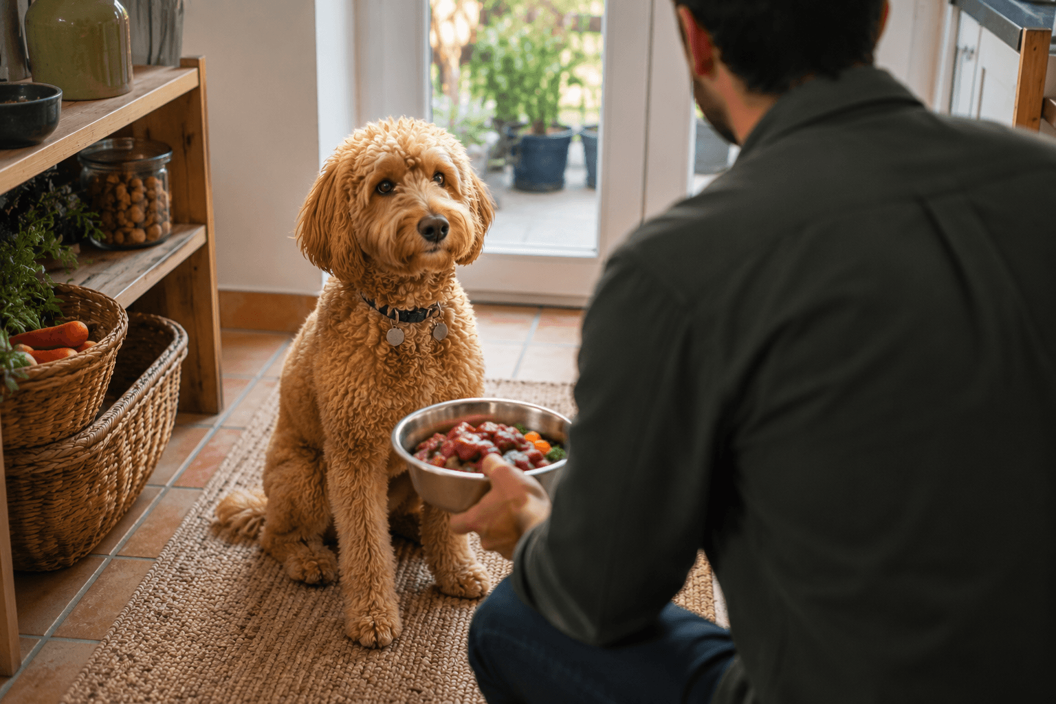 propriétaire nourrissant son chien un Golden Doodle