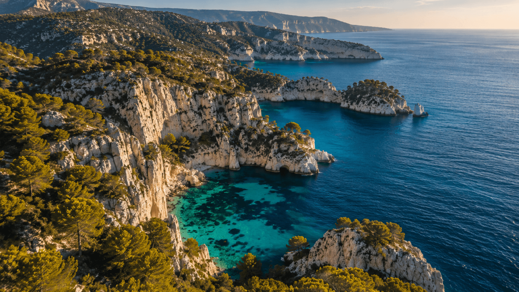 Vue aérienne du Parc national des Calanques de Marseille, entre falaises calcaires, garrigue et mer Méditerranée.