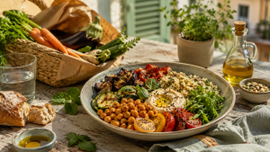 Assiette végétale avec légumes, pois chiches et produits frais