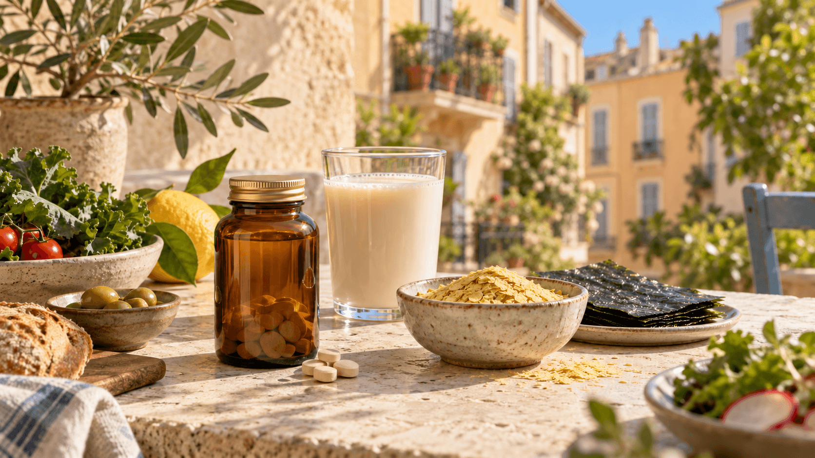 Complément de vitamines B12, boisson végétale enrichie, levure nutriotionnelle et algues nori
