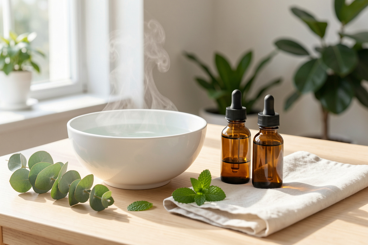 Bol d'eau chaude fumante pour une inhalation, deux flacons d'huile essentielle, brins d'eucalyptus et feuilles de menthe poivrée sur une table en bois clair
